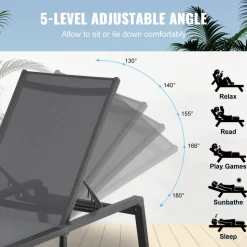 VEVOR Chaise Lounge Chair Outdoor, Aluminum Patio Lounge Chair with Adjustable 5-Position, Folding Pool Lounge Chair Recliner and Full Flat Tanning Chair for Patio, Beach, Pool, Dark Grey