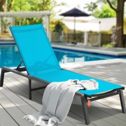 VEVOR Chaise Lounge Chair Outdoor, Aluminum Patio Lounge Chair with Adjustable 5-Position, Folding Pool Lounge Chair Recliner and Full Flat Tanning Chair for Patio, Beach, Pool, Blue
