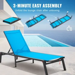 VEVOR Chaise Lounge Chair Outdoor, Aluminum Patio Lounge Chair with Adjustable 5-Position, Folding Pool Lounge Chair Recliner and Full Flat Tanning Chair for Patio, Beach, Pool, Blue