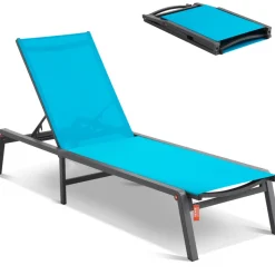 VEVOR Chaise Lounge Chair Outdoor, Aluminum Patio Lounge Chair with Adjustable 5-Position, Folding Pool Lounge Chair Recliner and Full Flat Tanning Chair for Patio, Beach, Pool, Blue