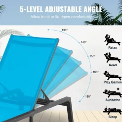 VEVOR Chaise Lounge Chair Outdoor, Aluminum Patio Lounge Chair with Adjustable 5-Position, Folding Pool Lounge Chair Recliner and Full Flat Tanning Chair for Patio, Beach, Pool, Blue