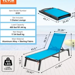 VEVOR Chaise Lounge Chair Outdoor, Aluminum Patio Lounge Chair with Adjustable 5-Position, Folding Pool Lounge Chair Recliner and Full Flat Tanning Chair for Patio, Beach, Pool, Blue