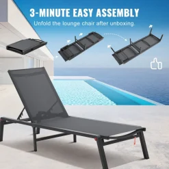 VEVOR Chaise Lounge Chairs Outdoor, Aluminum Patio Lounge Chairs with Adjustable 5-Position, Folding Pool Lounge Chairs Recliner and Full Flat Tanning Chairs for Patio, Beach, Pool, Dark Grey, 2 pcs