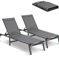 VEVOR Chaise Lounge Chairs Outdoor, Aluminum Patio Lounge Chairs with Adjustable 5-Position, Folding Pool Lounge Chairs Recliner and Full Flat Tanning Chairs for Patio, Beach, Pool, Dark Grey, 2 pcs
