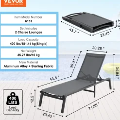 VEVOR Chaise Lounge Chairs Outdoor, Aluminum Patio Lounge Chairs with Adjustable 5-Position, Folding Pool Lounge Chairs Recliner and Full Flat Tanning Chairs for Patio, Beach, Pool, Dark Grey, 2 pcs