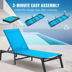 VEVOR Chaise Lounge Chairs Outdoor, Aluminum Patio Lounge Chairs with Adjustable 5-Position, Folding Pool Lounge Chairs Recliner and Full Flat Tanning Chairs for Patio, Beach, Pool, Blue, 2 pcs