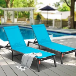 VEVOR Chaise Lounge Chairs Outdoor, Aluminum Patio Lounge Chairs with Adjustable 5-Position, Folding Pool Lounge Chairs Recliner and Full Flat Tanning Chairs for Patio, Beach, Pool, Blue, 2 pcs