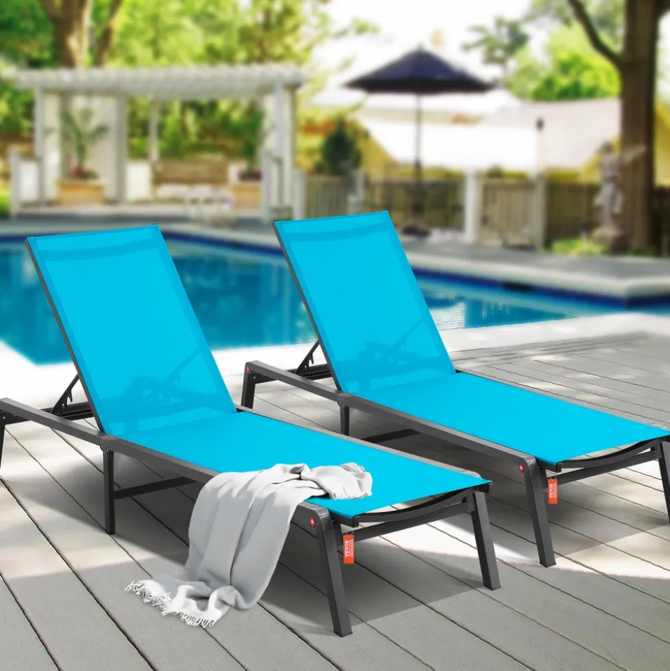 VEVOR Chaise Lounge Chairs Outdoor, Aluminum Patio Lounge Chairs with Adjustable 5-Position, Folding Pool Lounge Chairs Recliner and Full Flat Tanning Chairs for Patio, Beach, Pool, Blue, 2 pcs