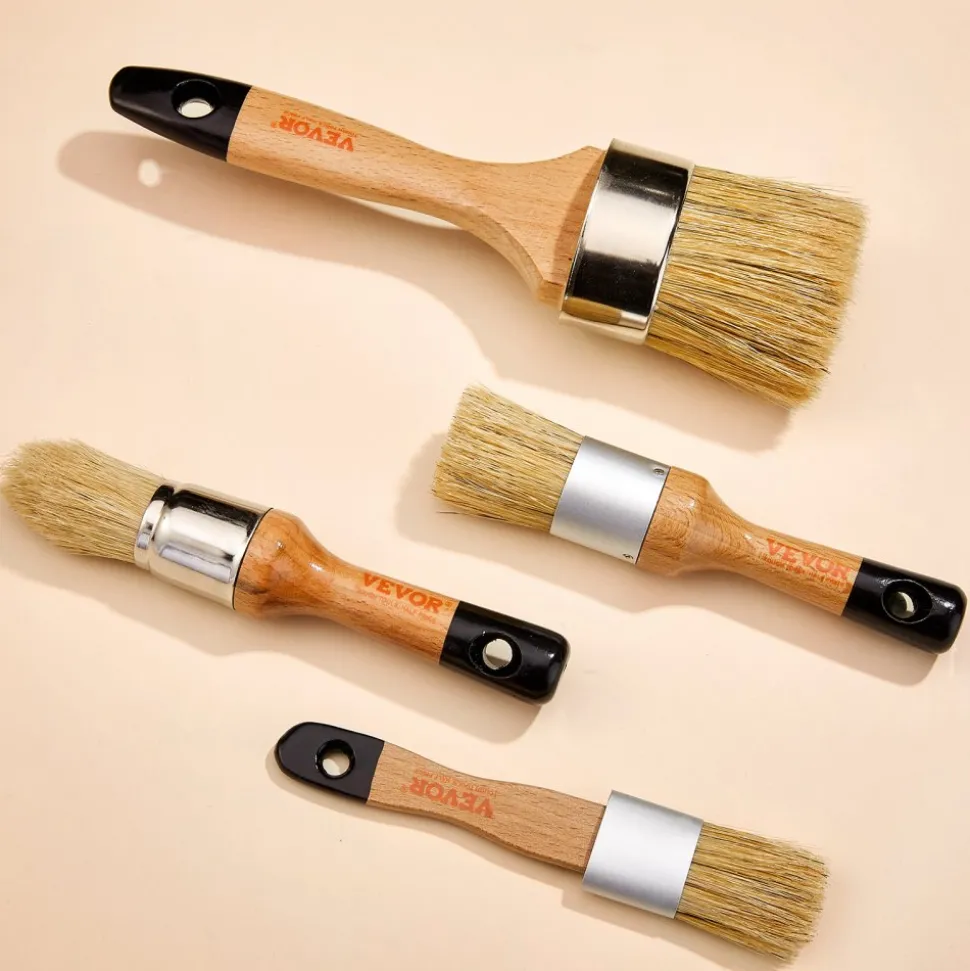 VEVOR Chalk Wax Paint Brush, 4 Piece Wax Paint Brush, Chalk Paint Brushes for Furniture, Acrylic Paint,Milk Paint,Home Decor, Natural Bristle Round Oval Chalk Paint Brush for All Painting and Waxing