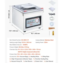 VEVOR Chamber Vacuum Sealer, 320W Sealing Power, Vacuum Packing Machine for Wet Foods, Meats, Marinades and More, Compact Size with 12.6 in Sealing Length, Applied in Home Kitchen and Commercial Use