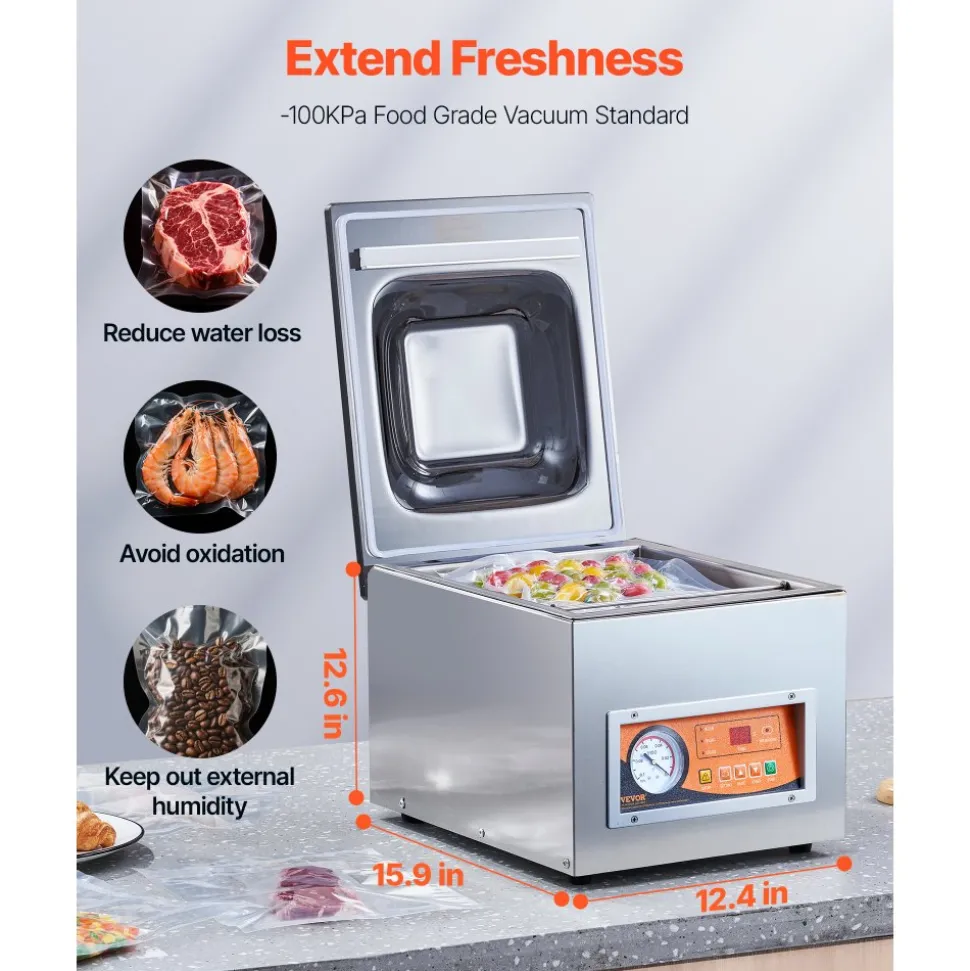 VEVOR Chamber Vacuum Sealer, 260W Sealing Power, Vacuum Packing Machine for Wet Foods, Meats, Marinades and More, Compact Size with 10.2 in Sealing Length, Applied in Home Kitchen