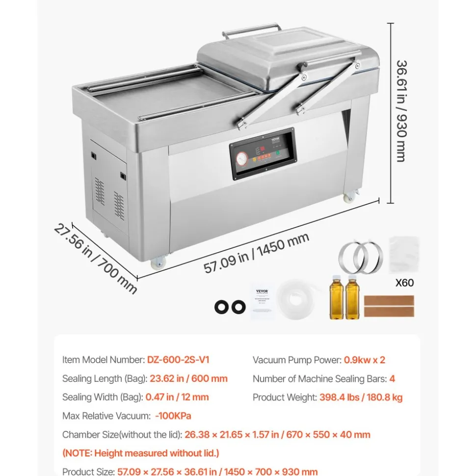 VEVOR Chamber Vacuum Sealer, 1200W Sealing Power, Vacuum Packing Machine for Wet Foods, Meats, Marinades and More, Compact Size with 23.6 in Sealing Length, Applied in Home Kitchen and Commercial Use