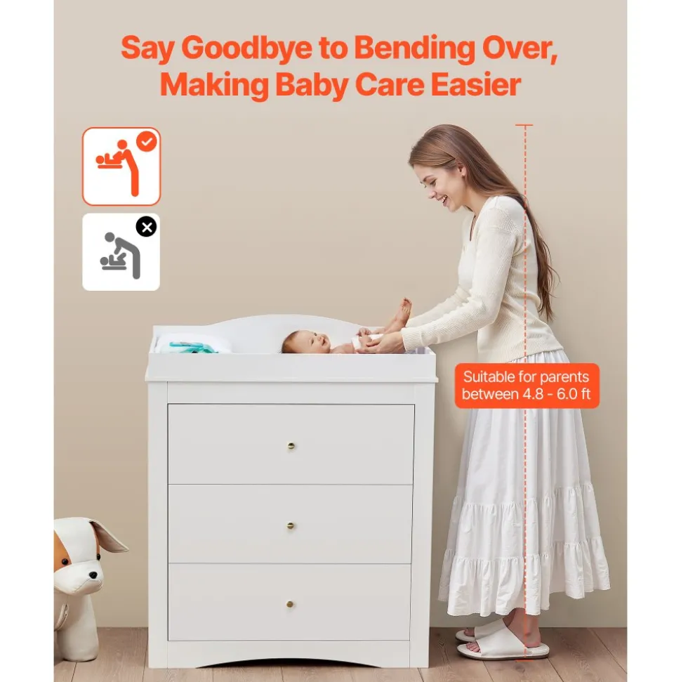 VEVOR Changing Table Dresser, Baby Diaper Change Station with 3 Drawers, Multi-Functional Modern Changing Table Dresser with Storage Organizer Nursery for Children's Room, White