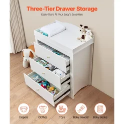 VEVOR Changing Table Dresser, Baby Diaper Change Station with 3 Drawers, Multi-Functional Modern Changing Table Dresser with Storage Organizer Nursery for Children's Room, White