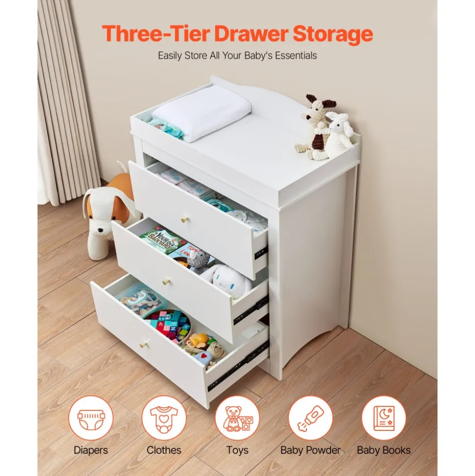 VEVOR Changing Table Dresser, Baby Diaper Change Station with 3 Drawers, Multi-Functional Modern Changing Table Dresser with Storage Organizer Nursery for Children's Room, White