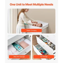 VEVOR Changing Table Dresser, Baby Diaper Change Station with 3 Drawers, Multi-Functional Modern Changing Table Dresser with Storage Organizer Nursery for Children's Room, White