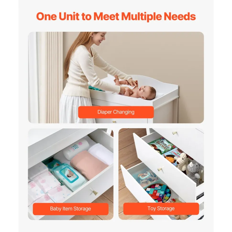 VEVOR Changing Table Dresser, Baby Diaper Change Station with 3 Drawers, Multi-Functional Modern Changing Table Dresser with Storage Organizer Nursery for Children's Room, White
