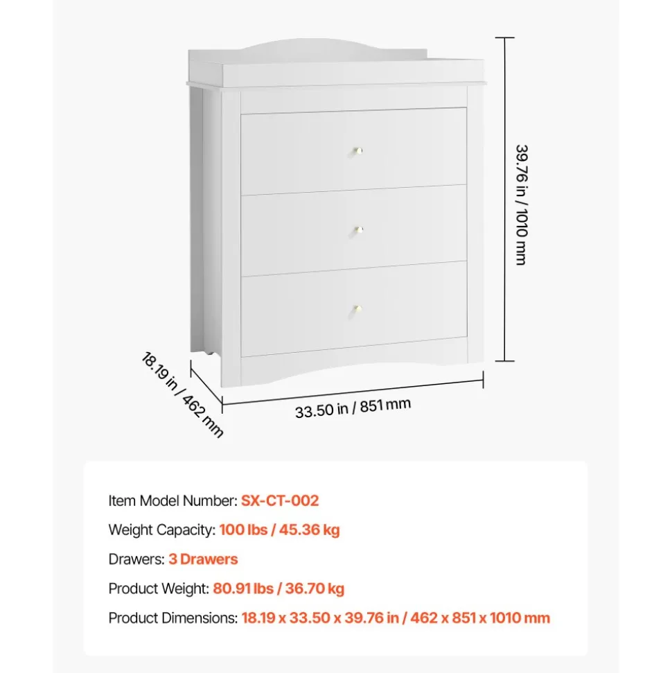 VEVOR Changing Table Dresser, Baby Diaper Change Station with 3 Drawers, Multi-Functional Modern Changing Table Dresser with Storage Organizer Nursery for Children's Room, White