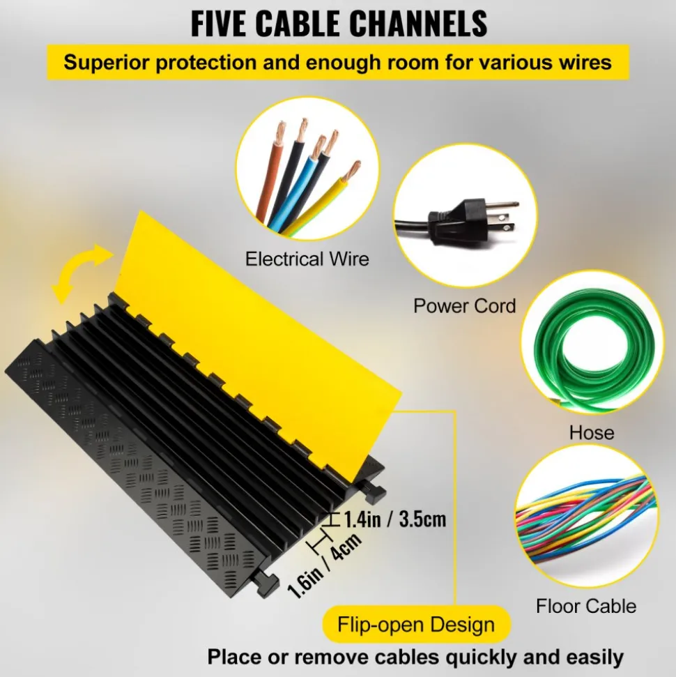 VEVOR 5 Channel Cable Protectors Extreme Rubber Cable Ramps Heavy Duty Protective Cable Wire Cord Ramp Driveway Rubber Traffic Speed Bumps Cable Protector (5-Channel, 1Pack-18000Lb)