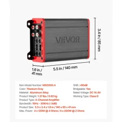 VEVOR 4 Channel Car Audio Amplifier 2 Ohm Stable Bridgeable Class D Full Range Amp Max Power 4 x 120W @ 4 Ohm / 4 x 200W @ 2 Ohm for Car SUV Truck Off-Road