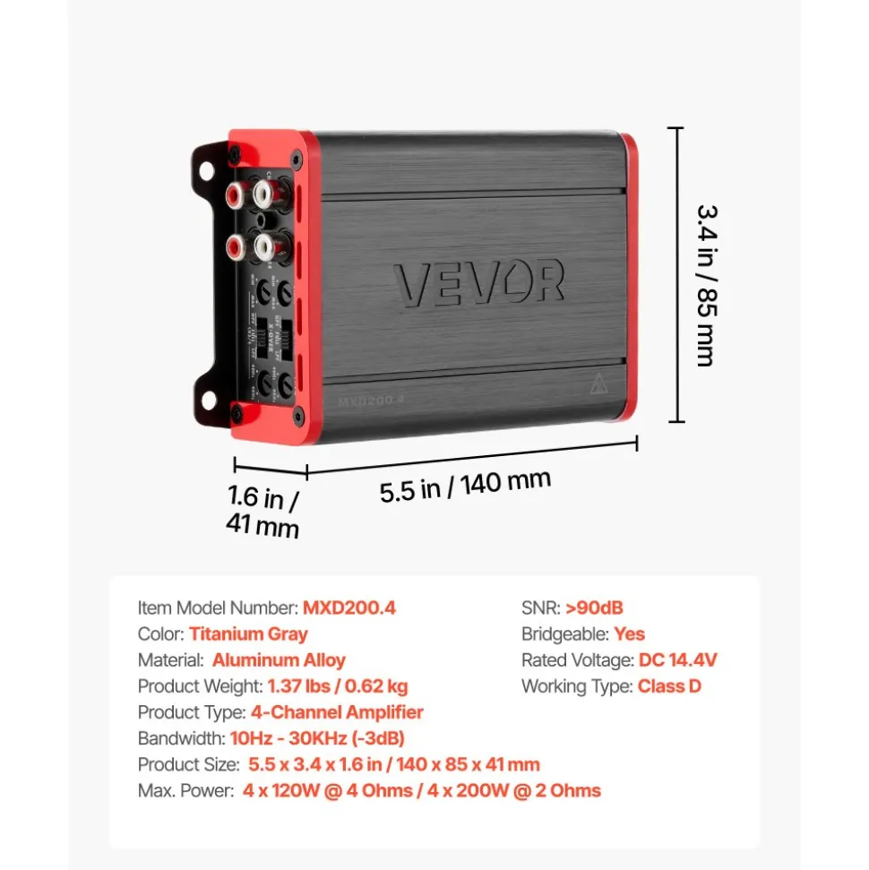 VEVOR 4 Channel Car Audio Amplifier 2 Ohm Stable Bridgeable Class D Full Range Amp Max Power 4 x 120W @ 4 Ohm / 4 x 200W @ 2 Ohm for Car SUV Truck Off-Road