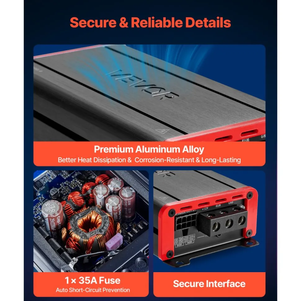 VEVOR 4 Channel Car Audio Amplifier 2 Ohm Stable Bridgeable Class D Full Range Amp Max Power 4 x 120W @ 4 Ohm / 4 x 200W @ 2 Ohm for Car SUV Truck Off-Road