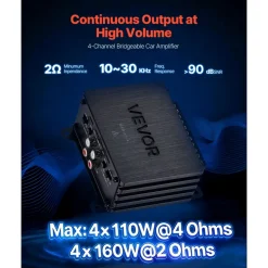 VEVOR 4 Channel Car Audio Amplifier 2 Ohm Stable Bridgeable Class D Full Range Amp Max Power 4 x 110W @ 4 Ohm / 4 x 160W @ 2 Ohm for Car SUV Truck Off-Road