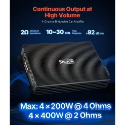 VEVOR 4 Channel Car Audio Amplifier 2 Ohm Stable Bridgeable Class A/B Full Range Amp Max Power 4 x 200W @ 4 Ohm / 4 x 400W @ 2 Ohm for Car SUV Truck Off-Road