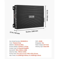 VEVOR 4 Channel Car Audio Amplifier 2 Ohm Stable Bridgeable Class A/B Full Range Amp Max Power 4 x 200W @ 4 Ohm / 4 x 400W @ 2 Ohm for Car SUV Truck Off-Road