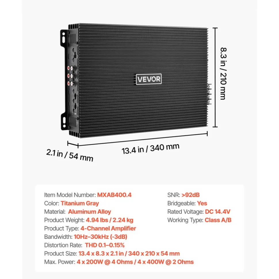 VEVOR 4 Channel Car Audio Amplifier 2 Ohm Stable Bridgeable Class A/B Full Range Amp Max Power 4 x 200W @ 4 Ohm / 4 x 400W @ 2 Ohm for Car SUV Truck Off-Road
