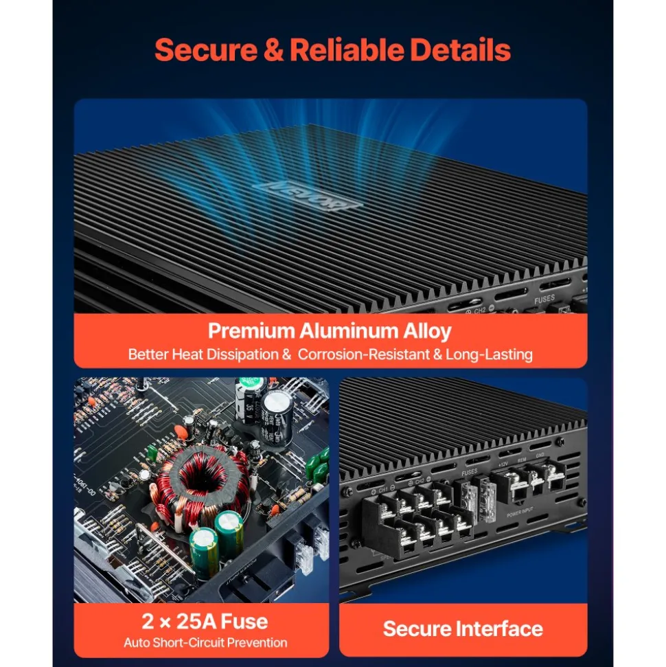 VEVOR 4 Channel Car Audio Amplifier 2 Ohm Stable Bridgeable Class A/B Full Range Amp Max Power 4 x 200W @ 4 Ohm / 4 x 400W @ 2 Ohm for Car SUV Truck Off-Road