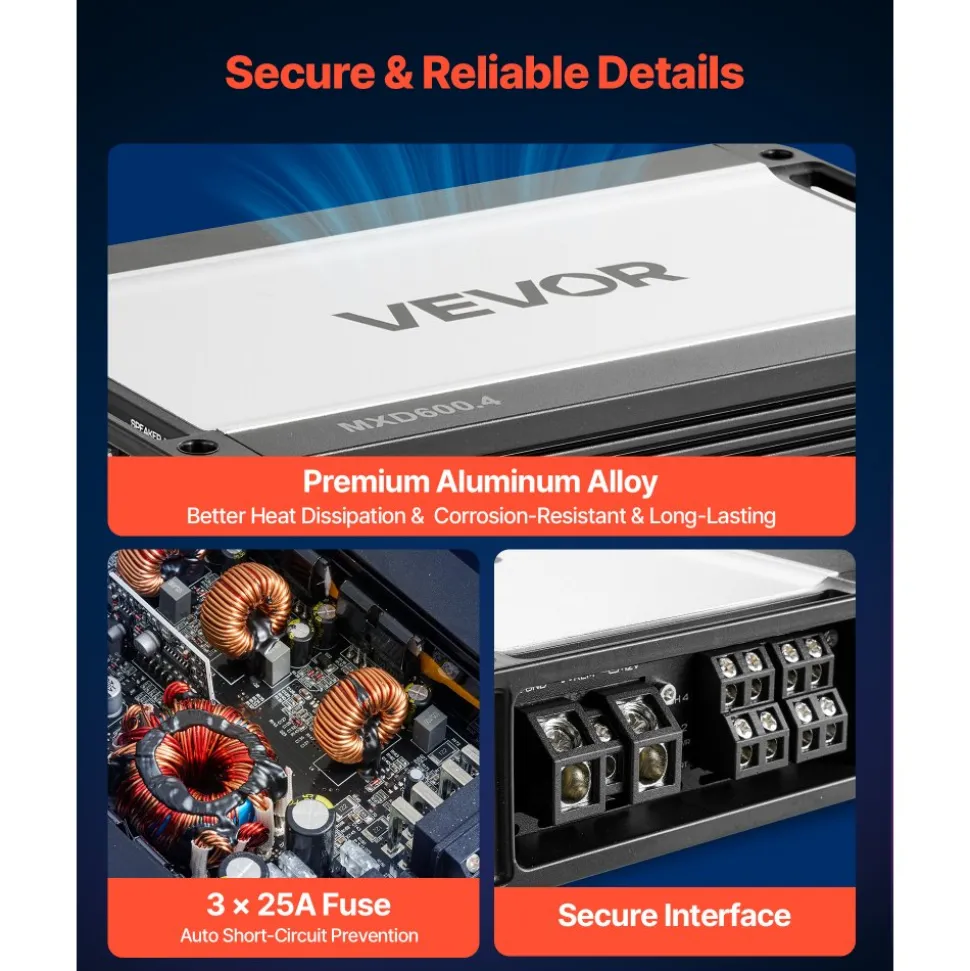 VEVOR 4 Channel Car Audio Amplifier 2 Ohm Stable Bridgeable Class A/B Full Range Amp Max Power 4 x 250W @ 4 Ohm / 4 x 500W @ 2 Ohm for Car SUV Truck Off-Road