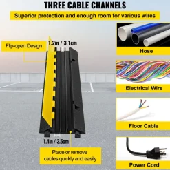 VEVOR 3 Channel Rubber Cable Protector Ramp 1.2 x 1.2 Inch Channel Heavy Duty Cable Wire Cord Cover Ramp Speed Bump Driveway Hose Cable Ramp Protector