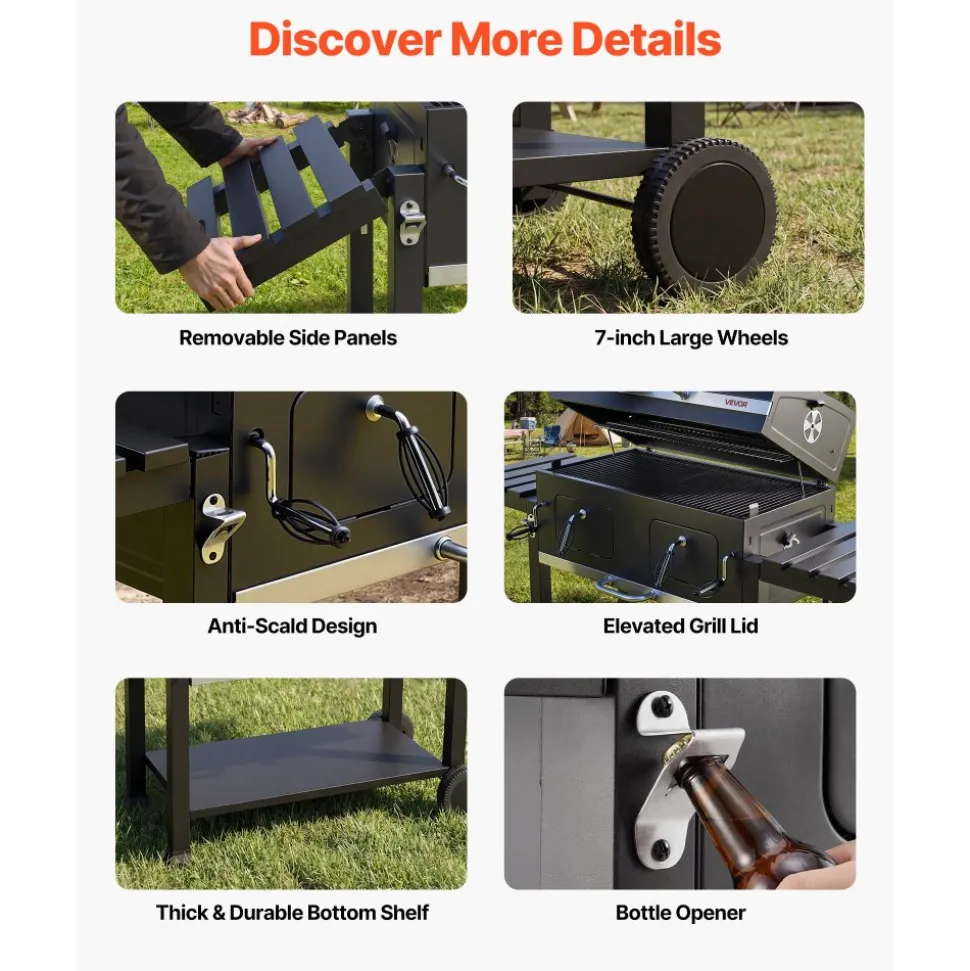VEVOR Charcoal Grill, 780 sq.in. Extra-Large Charcoal Barbecue Grill with 2 Liftable Charcoal Trays & Folding Side Tables, High-Temp Powder-Coated Steel BBQ Cooking Grills for Patio Backyard Parties