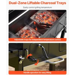 VEVOR Charcoal Grill, 780 sq.in. Extra-Large Charcoal Barbecue Grill with 2 Liftable Charcoal Trays & Folding Side Tables, High-Temp Powder-Coated Steel BBQ Cooking Grills for Patio Backyard Parties