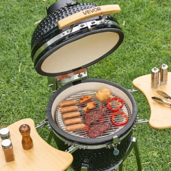 VEVOR Charcoal Smoker and Grill, 18" Kamado Charcoal BBQ Smoker, Movable Ceramic Barbecue Grill with 4 Wheels (2 Lockable), Built-in Thermometer, Air Vents & Side Shelf for Outdoor Patio Yard Cooking