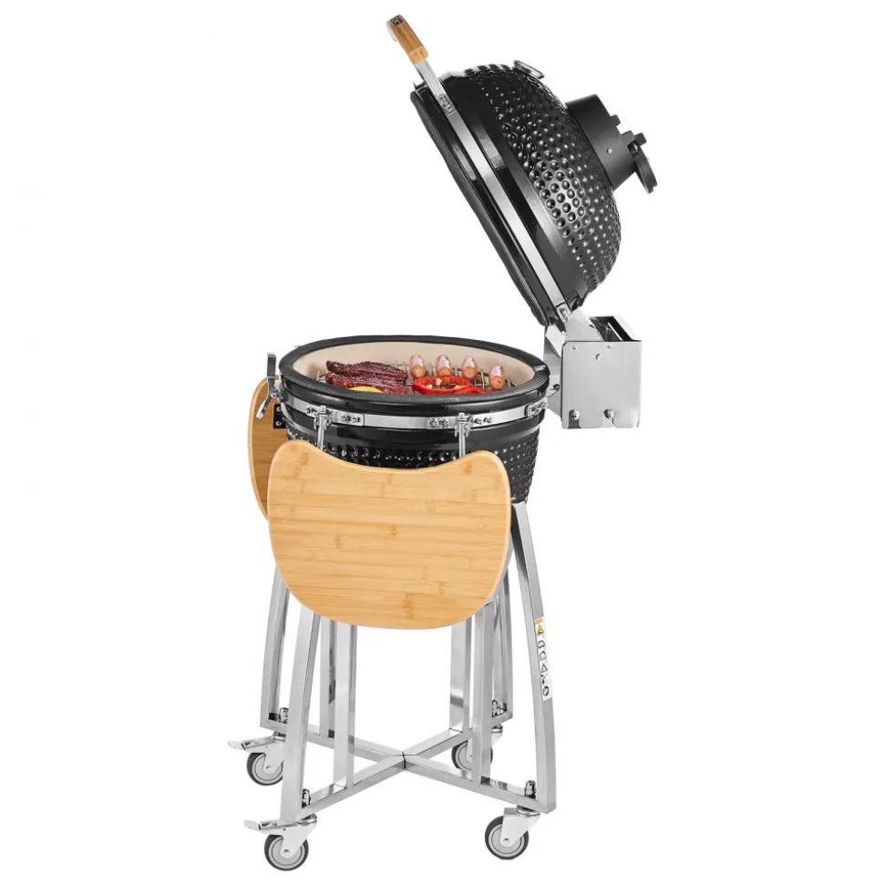VEVOR Charcoal Smoker and Grill, 18" Kamado Charcoal BBQ Smoker, Movable Ceramic Barbecue Grill with 4 Wheels (2 Lockable), Built-in Thermometer, Air Vents & Side Shelf for Outdoor Patio Yard Cooking