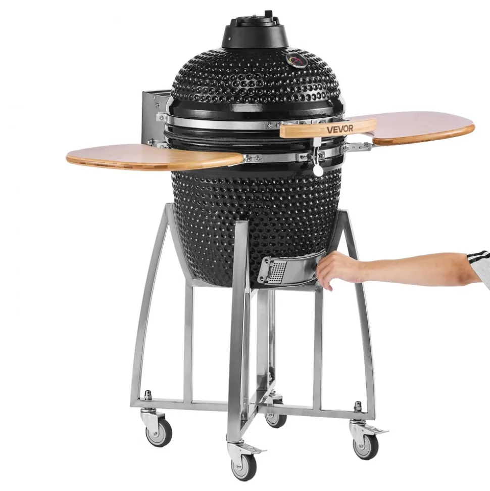 VEVOR Charcoal Smoker and Grill, 18" Kamado Charcoal BBQ Smoker, Movable Ceramic Barbecue Grill with 4 Wheels (2 Lockable), Built-in Thermometer, Air Vents & Side Shelf for Outdoor Patio Yard Cooking