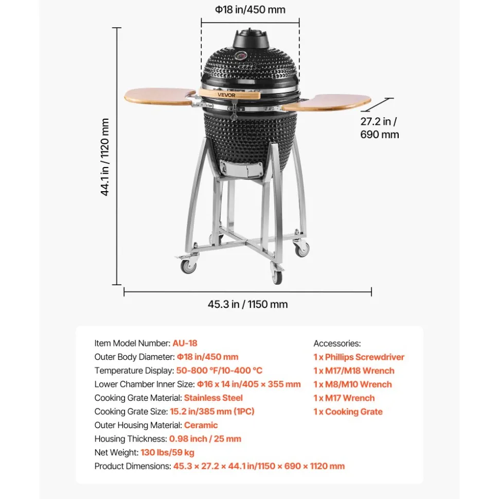 VEVOR Charcoal Smoker and Grill, 18" Kamado Charcoal BBQ Smoker, Movable Ceramic Barbecue Grill with 4 Wheels (2 Lockable), Built-in Thermometer, Air Vents & Side Shelf for Outdoor Patio Yard Cooking