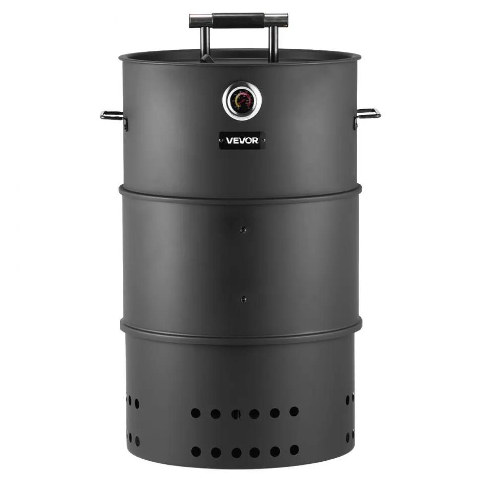 VEVOR Charcoal Smoker Grill, 18.5" Barrel Charcoal BBQ Smoker, Coated Steel Outdoor Barbecue Grill with 2 Grilling Grates, 1 Hanging Rod, 6 Hooks & Thermometer, Ideal for Party Backyard Patio Cooking