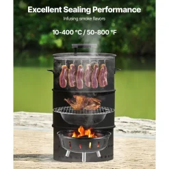 VEVOR Charcoal Smoker Grill, 18.5" Barrel Charcoal BBQ Smoker, Coated Steel Outdoor Barbecue Grill with 2 Grilling Grates, 1 Hanging Rod, 6 Hooks & Thermometer, Ideal for Party Backyard Patio Cooking