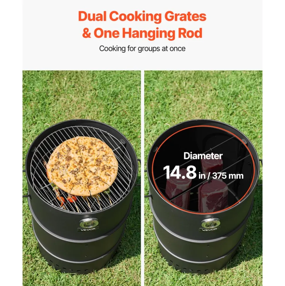 VEVOR Charcoal Smoker Grill, 18.5" Barrel Charcoal BBQ Smoker, Coated Steel Outdoor Barbecue Grill with 2 Grilling Grates, 1 Hanging Rod, 6 Hooks & Thermometer, Ideal for Party Backyard Patio Cooking