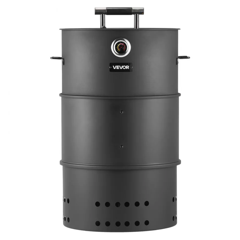 VEVOR Charcoal Smoker Grill, 18.5" Barrel Charcoal BBQ Smoker, Coated Steel Outdoor Barbecue Grill with 2 Grilling Grates, 1 Hanging Rod, 6 Hooks & Thermometer, Ideal for Party Backyard Patio Cooking