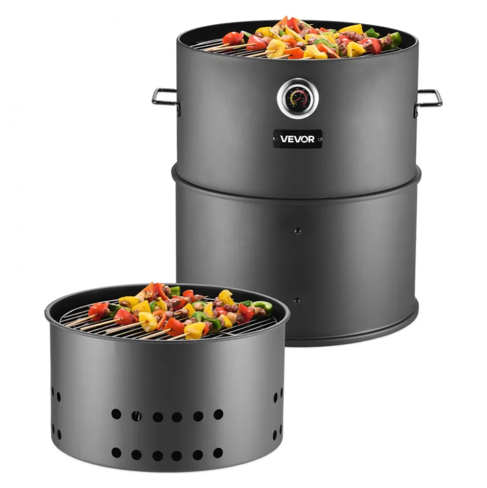 VEVOR Charcoal Smoker Grill, 18.5" Barrel Charcoal BBQ Smoker, Coated Steel Outdoor Barbecue Grill with 2 Grilling Grates, 1 Hanging Rod, 6 Hooks & Thermometer, Ideal for Party Backyard Patio Cooking