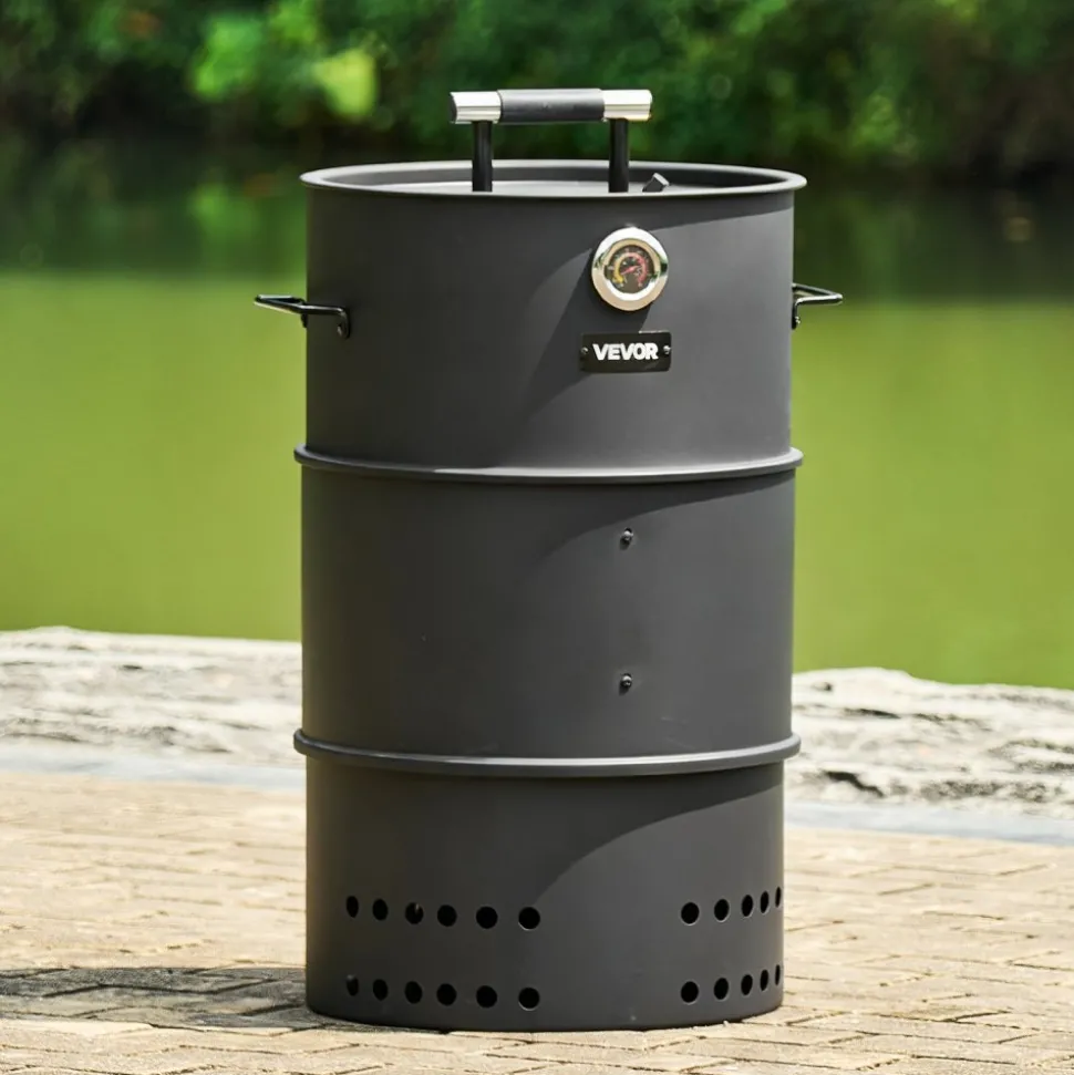 VEVOR Charcoal Smoker Grill, 18.5" Barrel Charcoal BBQ Smoker, Coated Steel Outdoor Barbecue Grill with 2 Grilling Grates, 1 Hanging Rod, 6 Hooks & Thermometer, Ideal for Party Backyard Patio Cooking