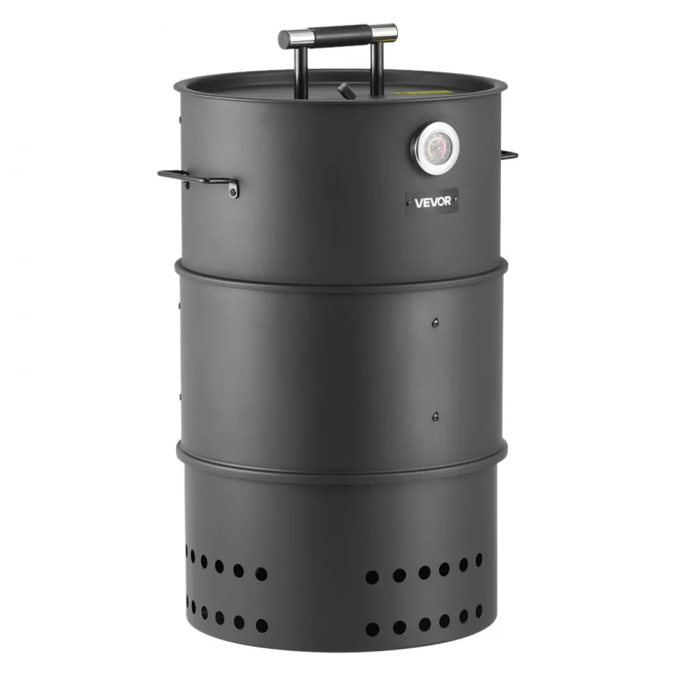 VEVOR Charcoal Smoker Grill, 18.5" Barrel Charcoal BBQ Smoker, Coated Steel Outdoor Barbecue Grill with 2 Grilling Grates, 1 Hanging Rod, 6 Hooks & Thermometer, Ideal for Party Backyard Patio Cooking
