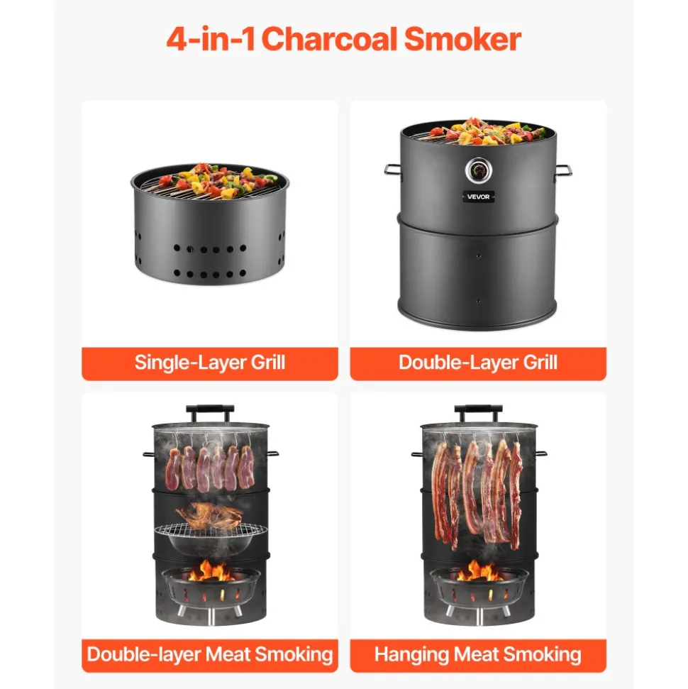VEVOR Charcoal Smoker Grill, 18.5" Barrel Charcoal BBQ Smoker, Coated Steel Outdoor Barbecue Grill with 2 Grilling Grates, 1 Hanging Rod, 6 Hooks & Thermometer, Ideal for Party Backyard Patio Cooking