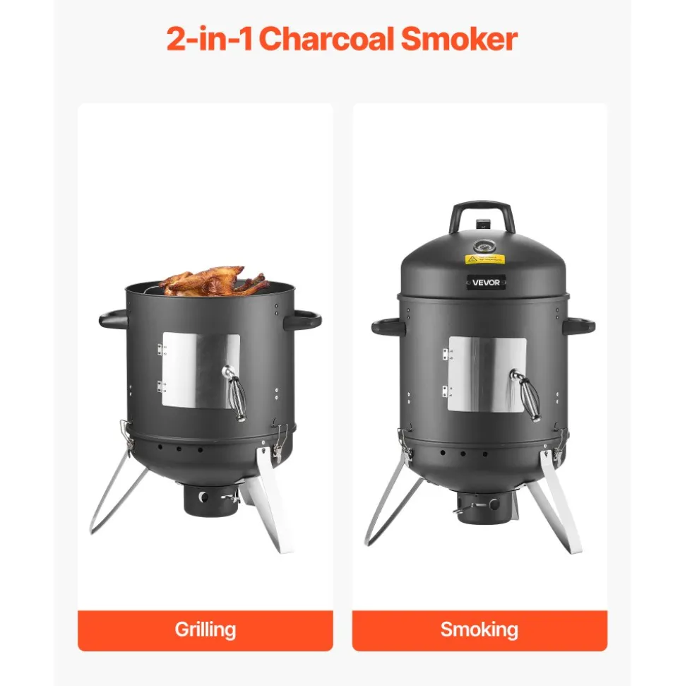 VEVOR Charcoal Smoker, 16" Vertical Charcoal BBQ Grill, Coated Steel Barbecue Smoker with 2 Grilling Grates, Thermometer, Air Vents & Removable Ash Tray, Ideal for Backyard Patio Parties Cooking