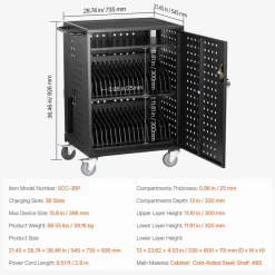 VEVOR Charging Cart, 36 Device Mobile Charging Station, Up to 15.6 in Screen Size, Office and Classroom Mobile Charging Cart, for Chromebook, Tablet and Laptop