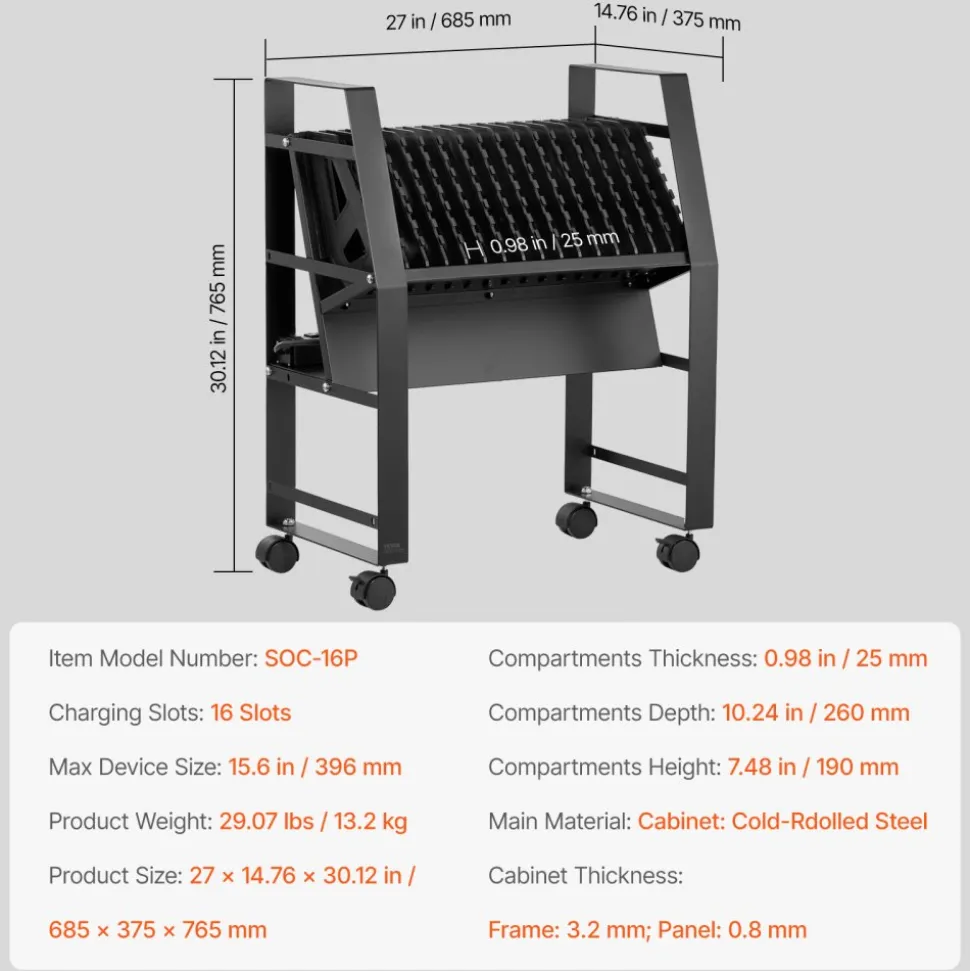 VEVOR Charging Cart, 16 Device Mobile Open Charging Station, Up to 15.6 in Screen Size, Office and Classroom Mobile Charging Cart, for Chromebook, Tablet and Laptop
